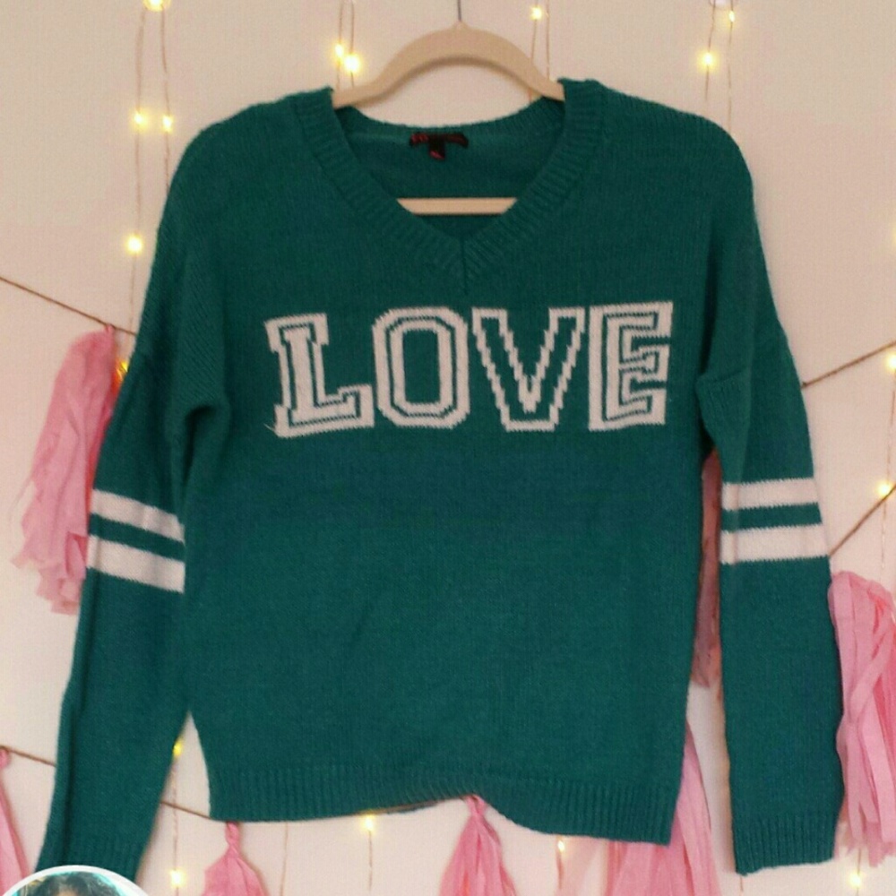 Teal V-Neck Knit "Love" Sweater size S